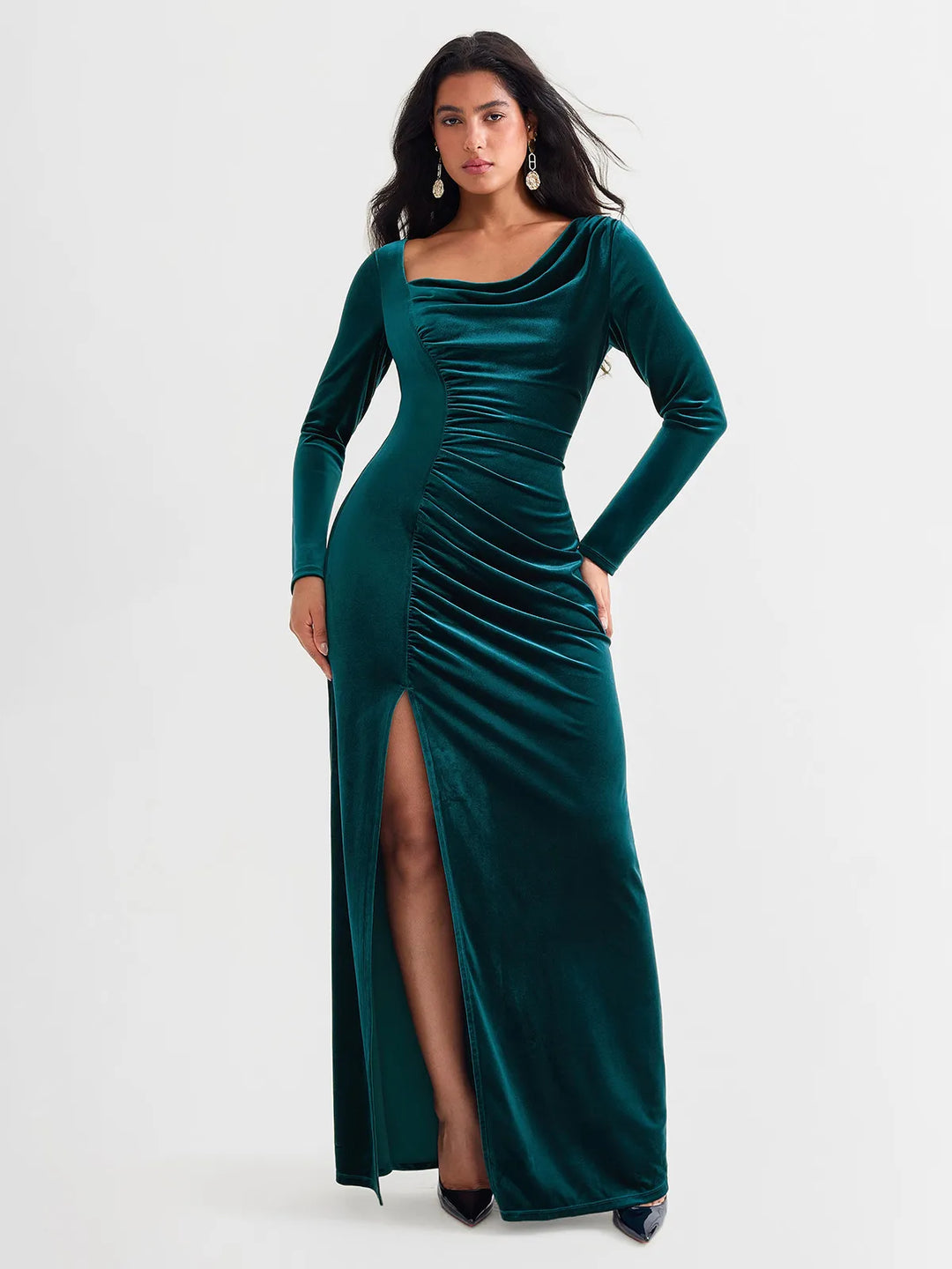 Velvet Draped Long Sleeve Sculpting Column Gown - Modefluss