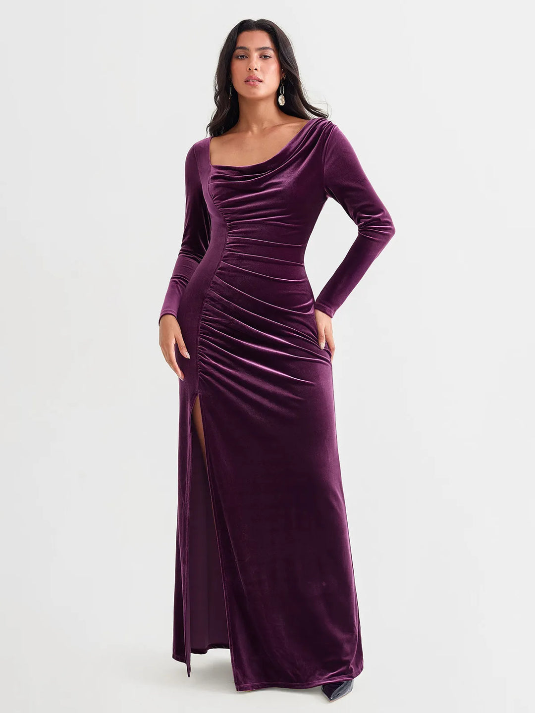 Velvet Draped Long Sleeve Sculpting Column Gown - Modefluss