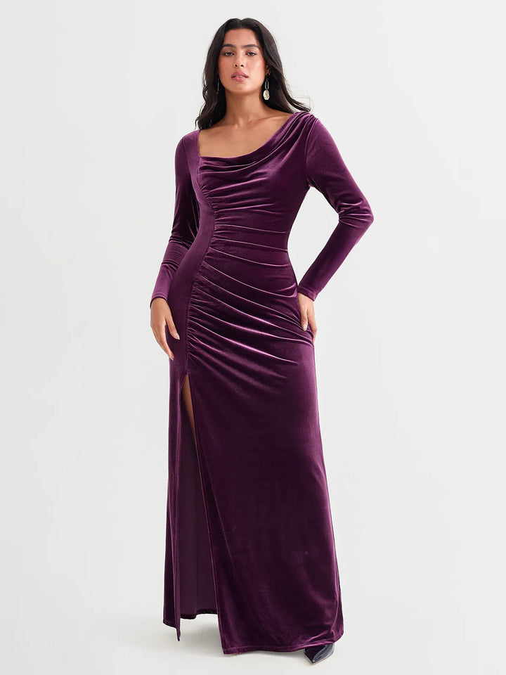 Velvet Draped Long Sleeve Sculpting Column Gown - Modefluss