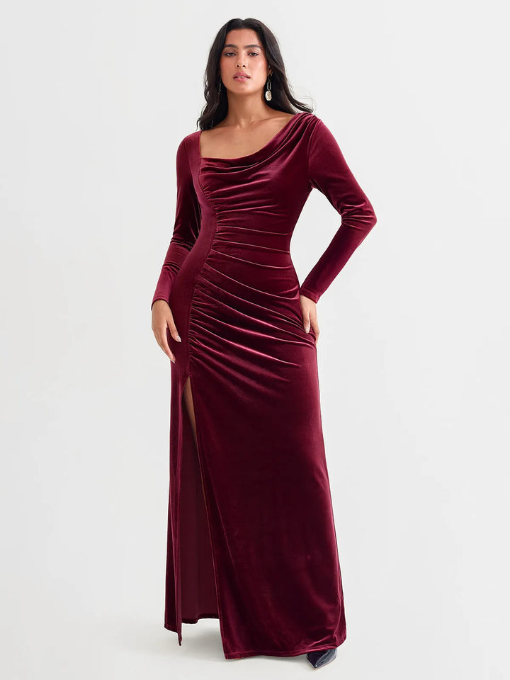 Velvet Draped Long Sleeve Sculpting Column Gown - Modefluss