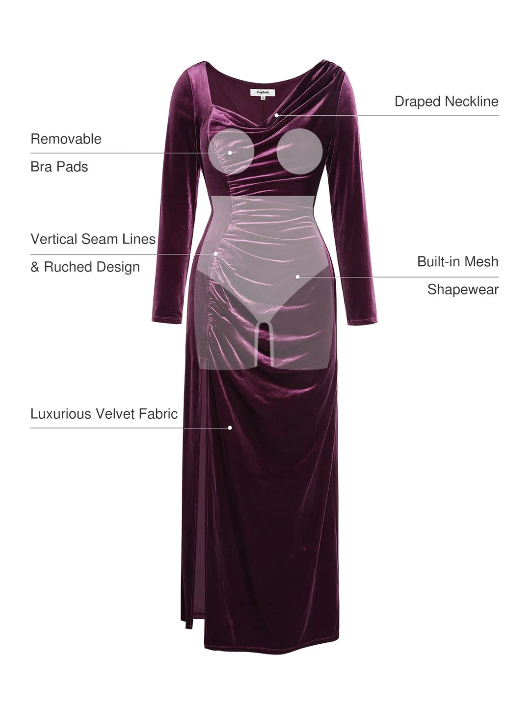 Velvet Draped Long Sleeve Sculpting Column Gown - Modefluss