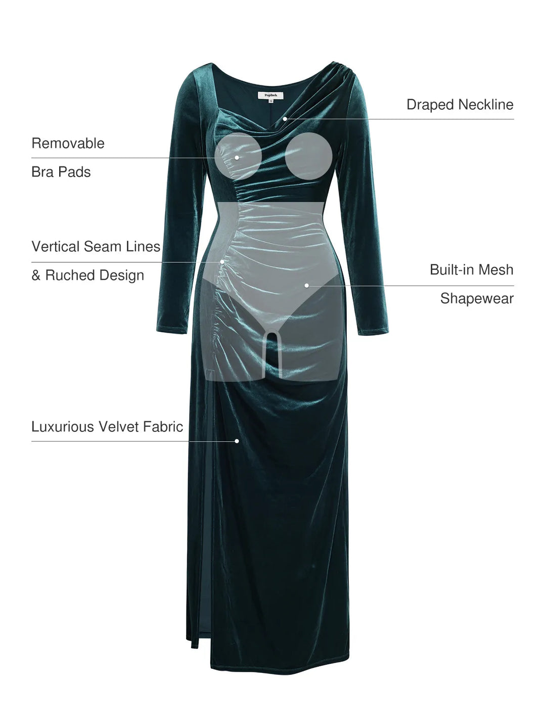 Velvet Draped Long Sleeve Sculpting Column Gown - Modefluss