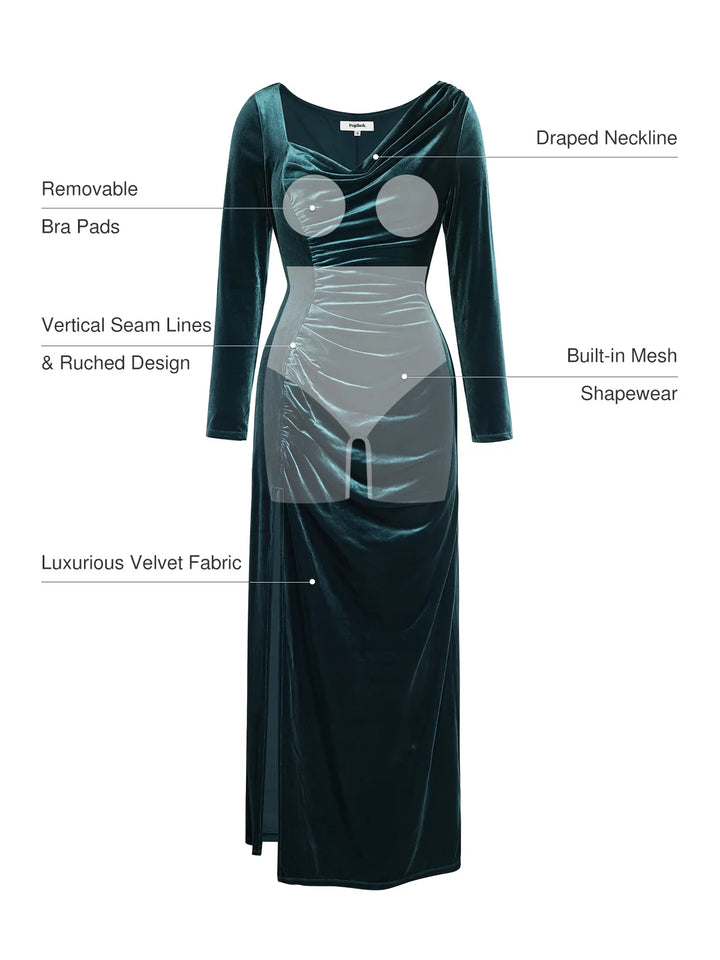 Velvet Draped Long Sleeve Sculpting Column Gown - Modefluss