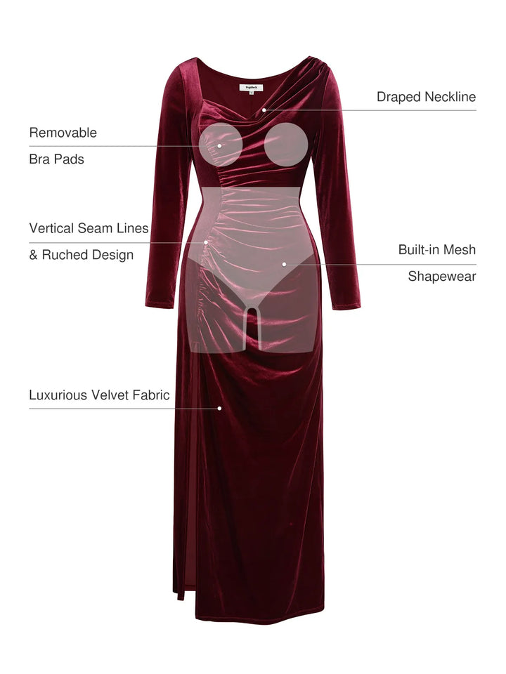 Velvet Draped Long Sleeve Sculpting Column Gown - Modefluss