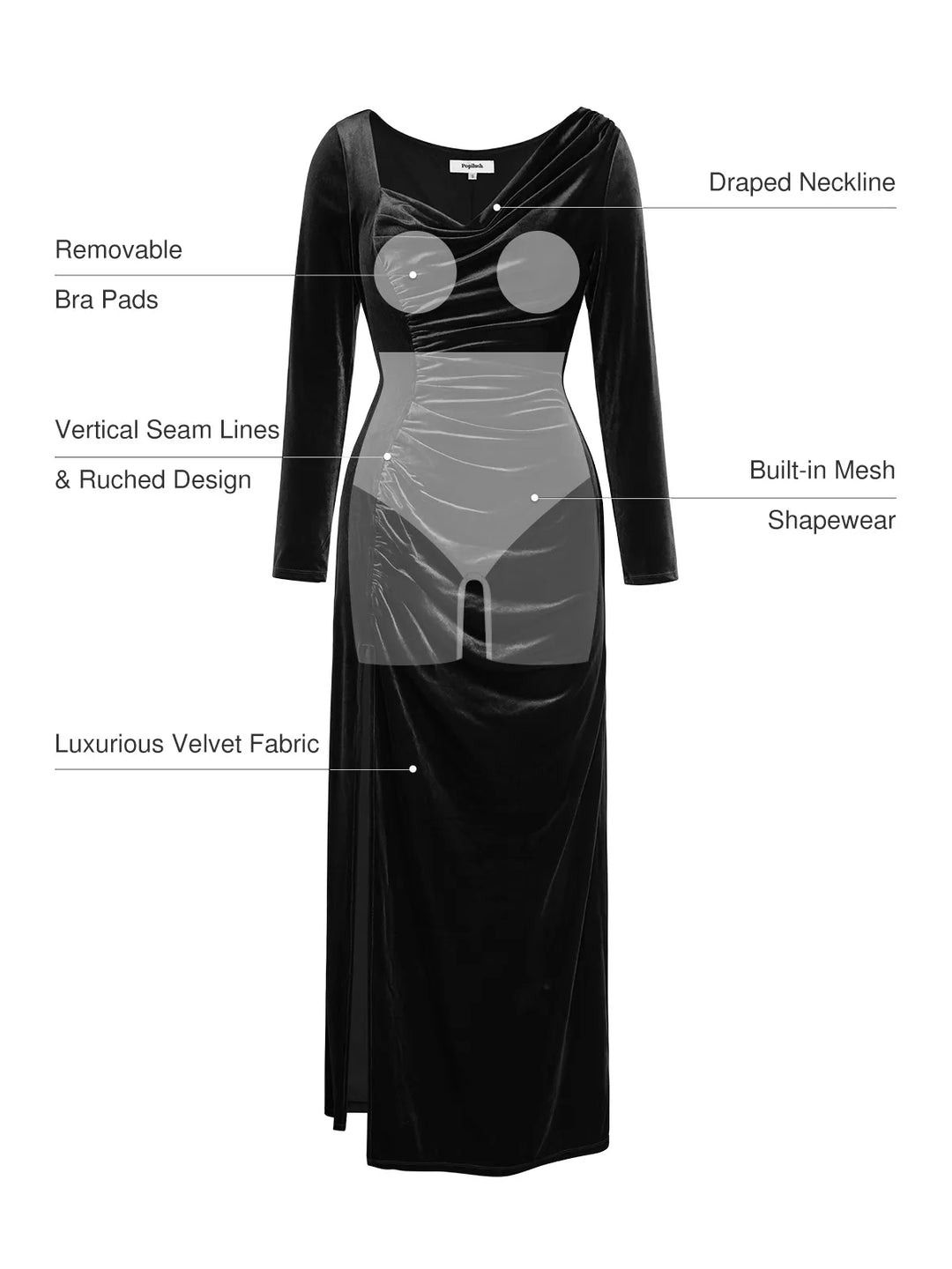 Velvet Draped Long Sleeve Sculpting Column Gown - Modefluss