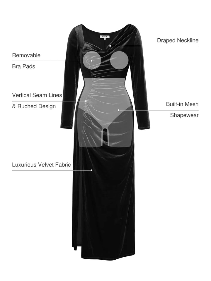 Velvet Draped Long Sleeve Sculpting Column Gown - Modefluss