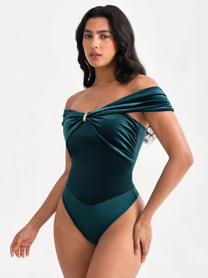 Velvet Twist Front Off-The Shoulder Sculpting Bodysuit - Modefluss