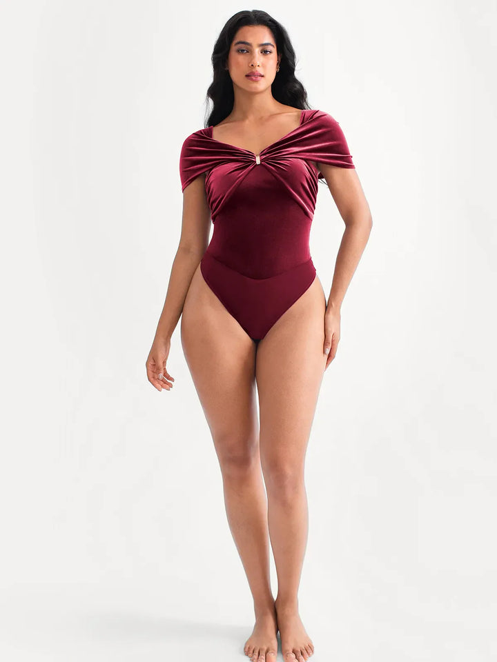 Velvet Twist Front Off-The Shoulder Sculpting Bodysuit - Modefluss