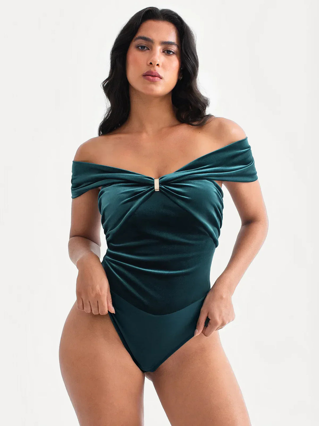Velvet Twist Front Off-The Shoulder Sculpting Bodysuit - Modefluss