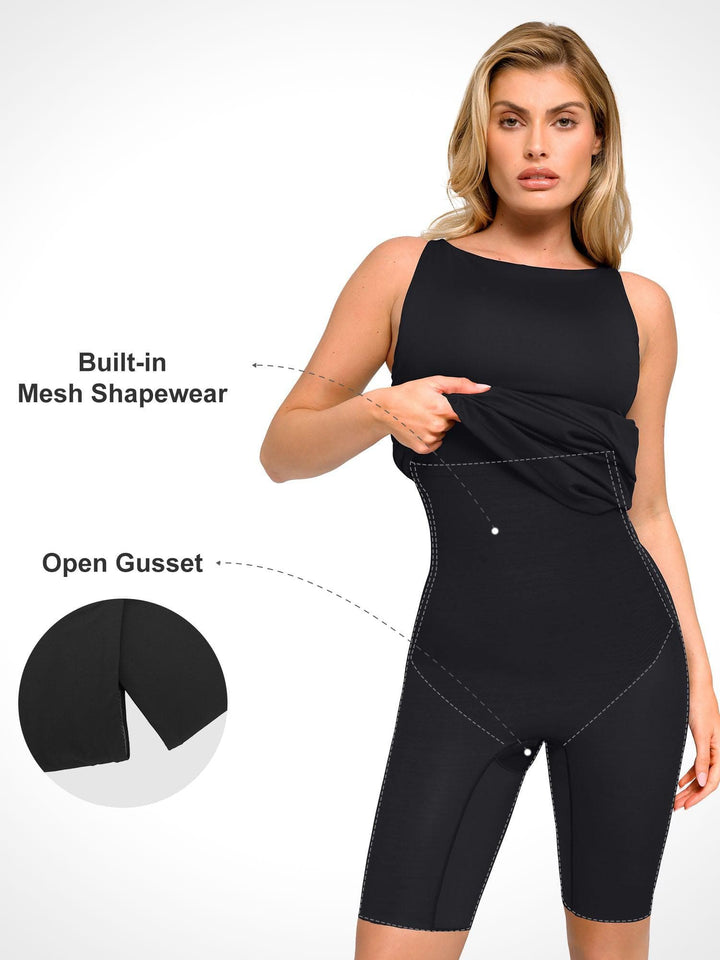 Shapewear Sleeveless Ruched Tummy Control Midi Work Dress - Modefluss