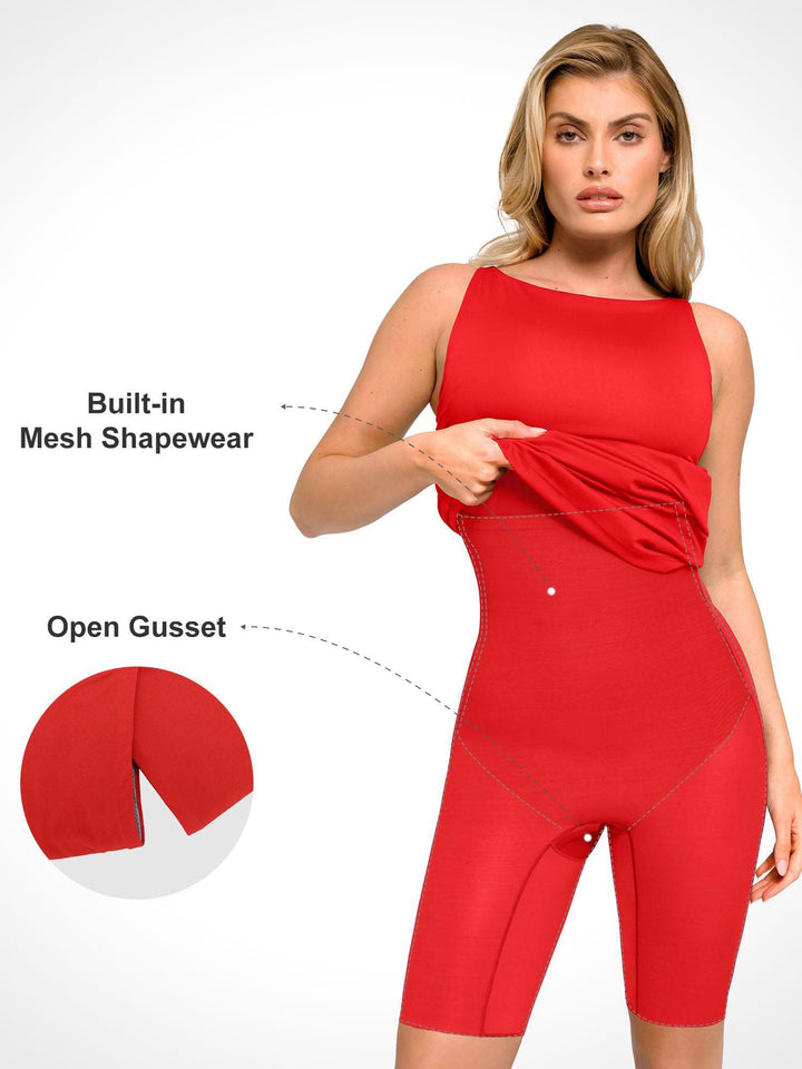 Shapewear Sleeveless Ruched Tummy Control Midi Work Dress - Modefluss