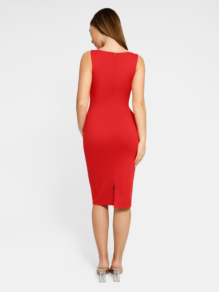 Shapewear Sleeveless Boatneck Sculpting Midi Work Dress - Modefluss