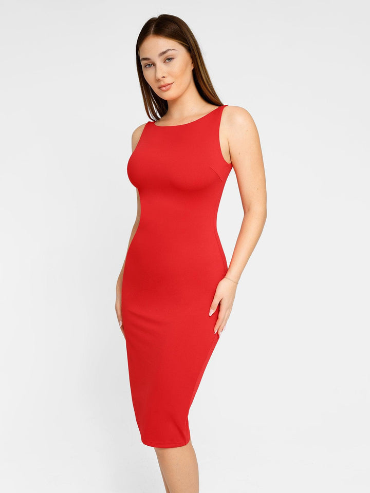 Shapewear Sleeveless Boatneck Sculpting Midi Work Dress - Modefluss