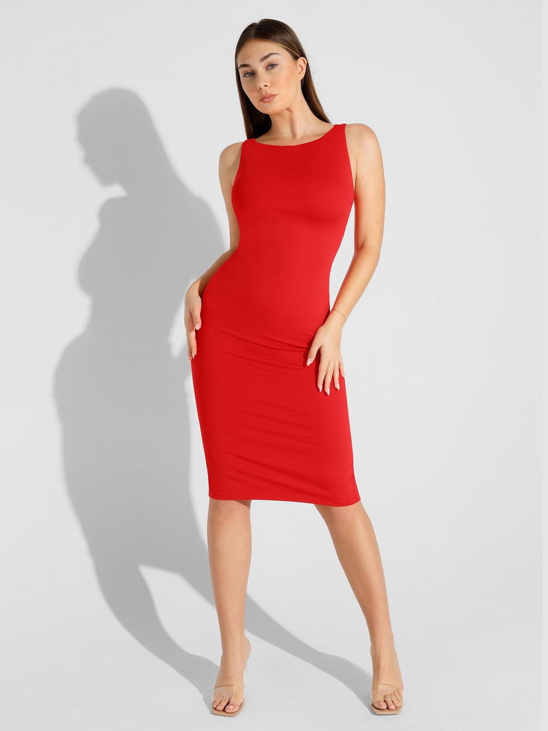 Shapewear Sleeveless Boatneck Sculpting Midi Work Dress - Modefluss