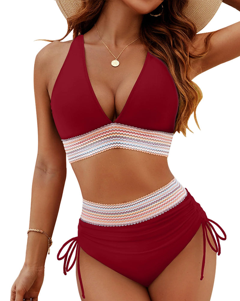 High Waisted Tummy Control Color Block Bikini Sets