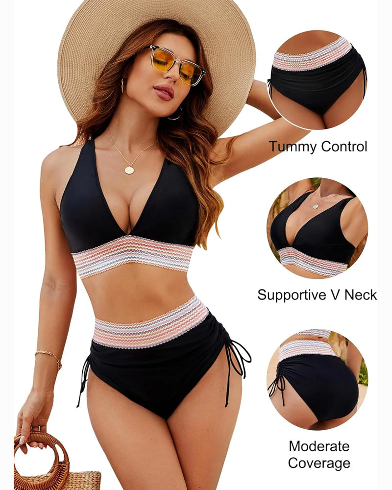 High Waisted Tummy Control Color Block Bikini Sets