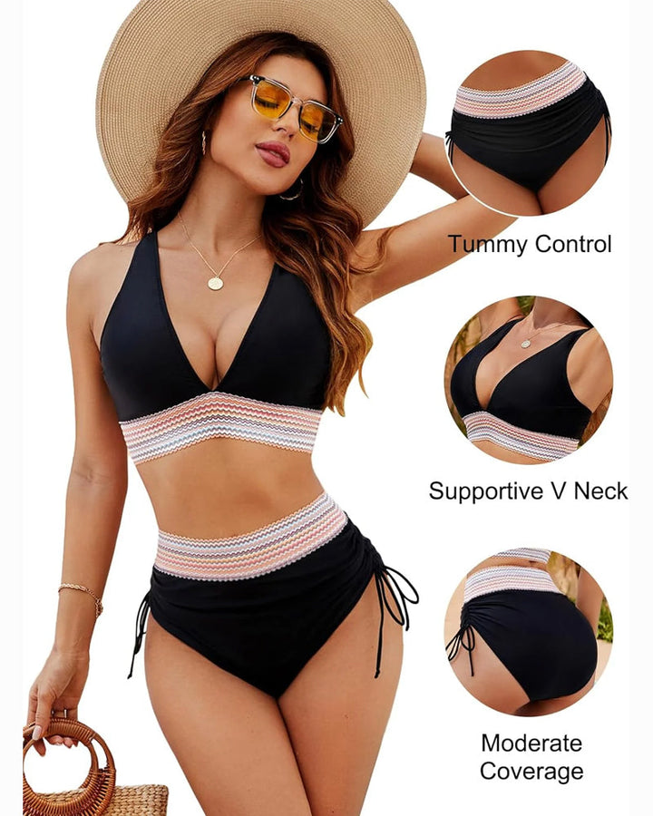 High Waisted Tummy Control Color Block Bikini Sets
