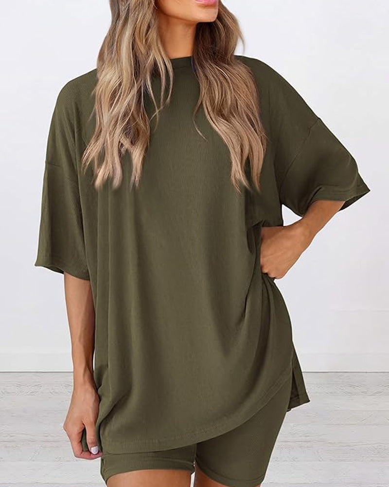 Two Piece Lounge Set Oversized Shirts Biker Shorts Matching Outfit