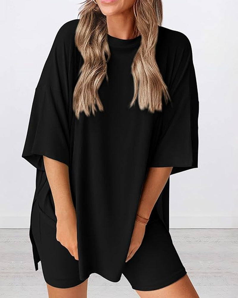Two Piece Lounge Set Oversized Shirts Biker Shorts Matching Outfit