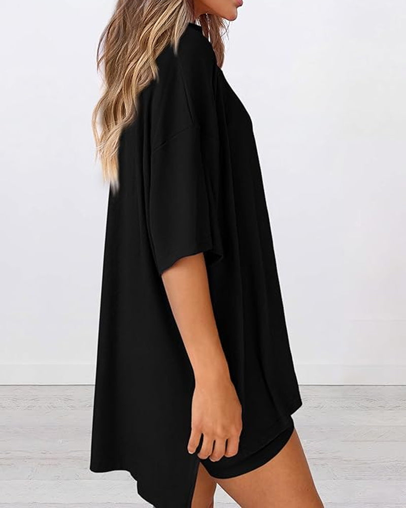 Two Piece Lounge Set Oversized Shirts Biker Shorts Matching Outfit