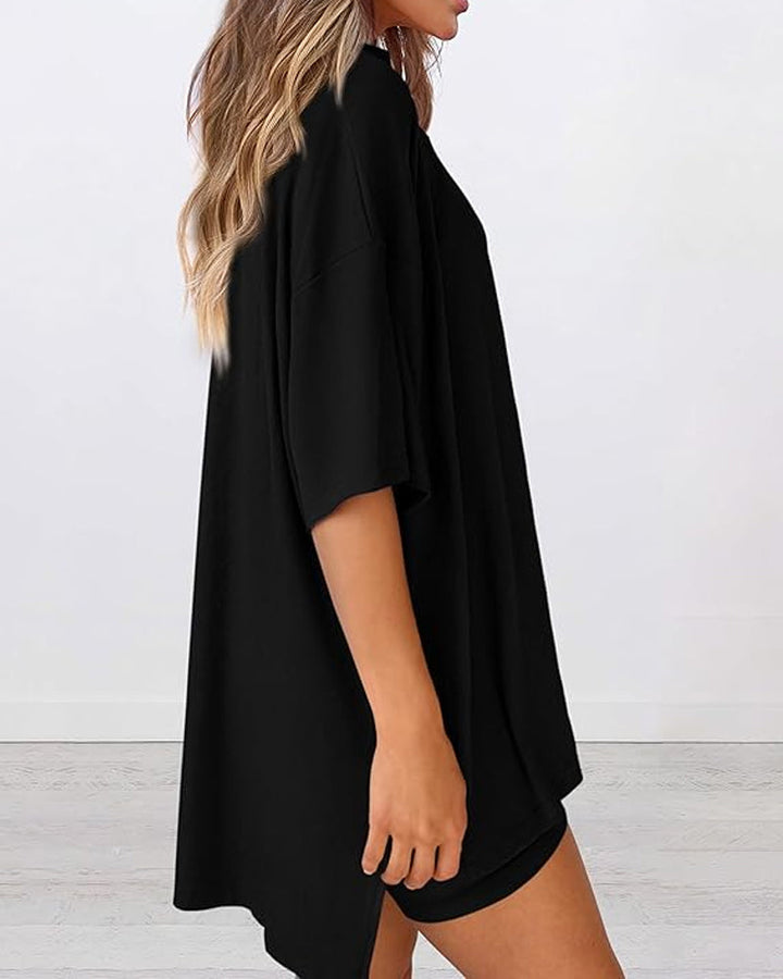 Two Piece Lounge Set Oversized Shirts Biker Shorts Matching Outfit