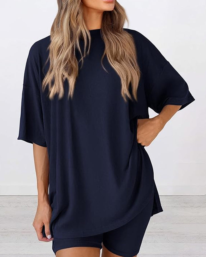 Two Piece Lounge Set Oversized Shirts Biker Shorts Matching Outfit