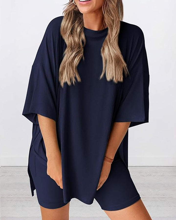 Two Piece Lounge Set Oversized Shirts Biker Shorts Matching Outfit