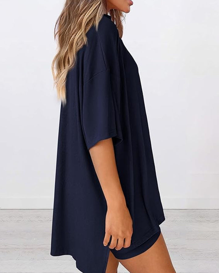 Two Piece Lounge Set Oversized Shirts Biker Shorts Matching Outfit