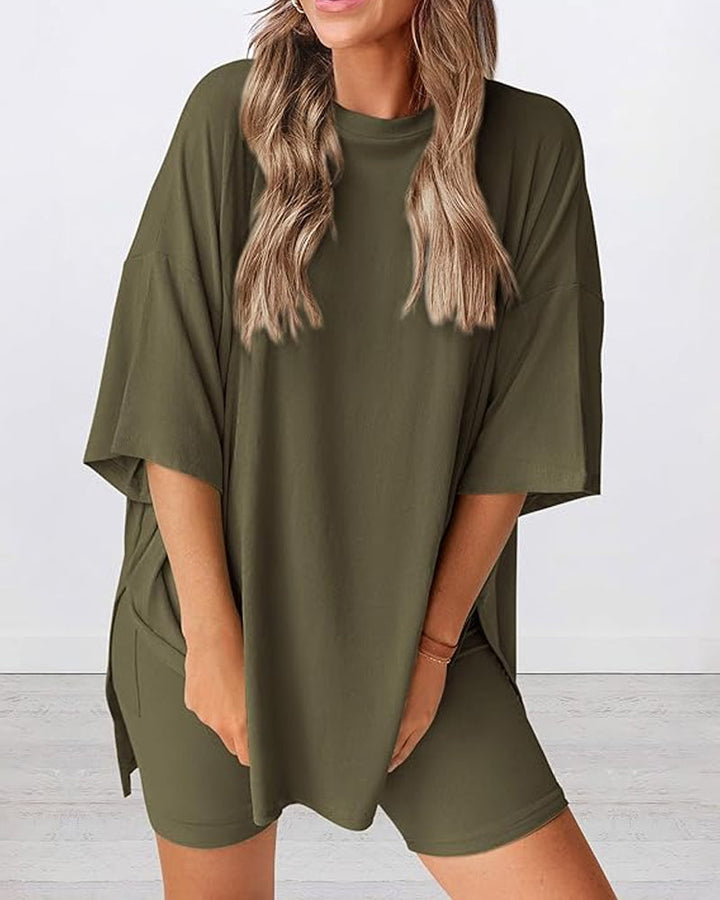 Two Piece Lounge Set Oversized Shirts Biker Shorts Matching Outfit