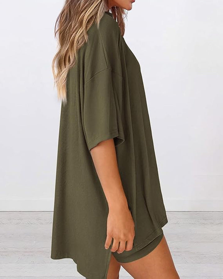 Two Piece Lounge Set Oversized Shirts Biker Shorts Matching Outfit