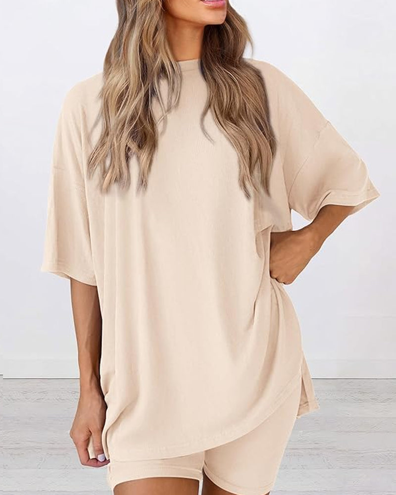 Two Piece Lounge Set Oversized Shirts Biker Shorts Matching Outfit
