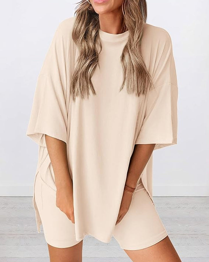 Two Piece Lounge Set Oversized Shirts Biker Shorts Matching Outfit