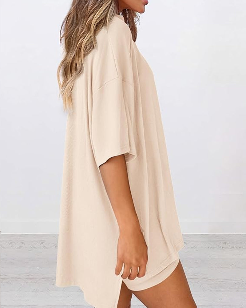 Two Piece Lounge Set Oversized Shirts Biker Shorts Matching Outfit