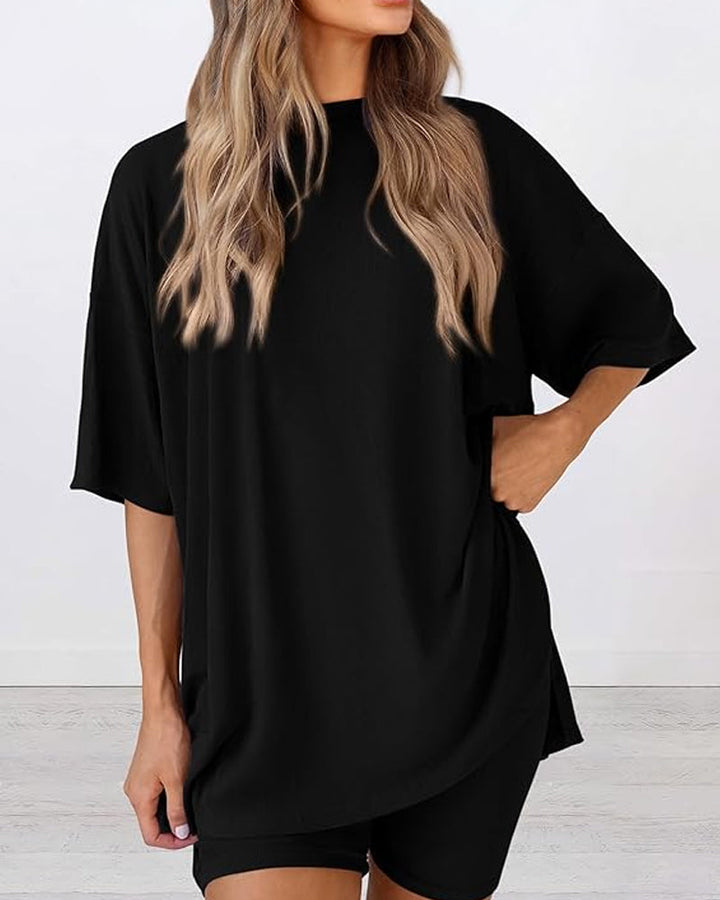 Two Piece Lounge Set Oversized Shirts Biker Shorts Matching Outfit
