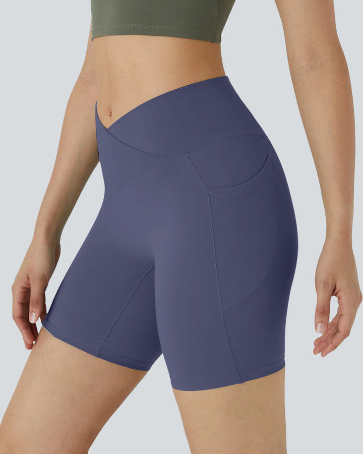 High-Waist Crossover Side Pockets Biker Shorts 7" for Women