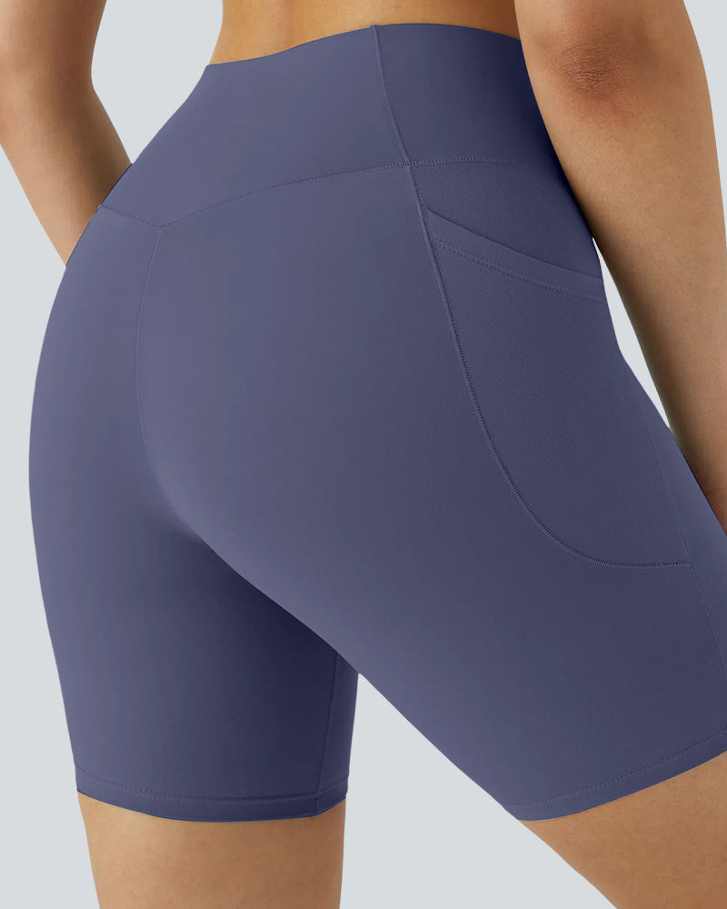 High-Waist Crossover Side Pockets Biker Shorts 7" for Women