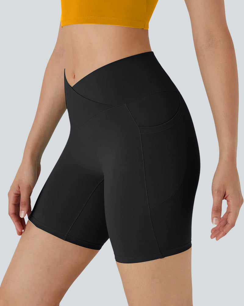 High-Waist Crossover Side Pockets Biker Shorts 7" for Women