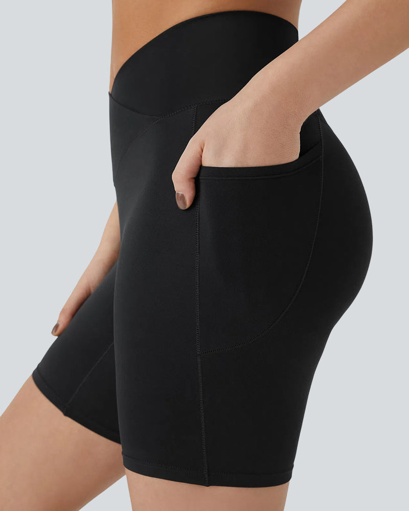 High-Waist Crossover Side Pockets Biker Shorts 7" for Women