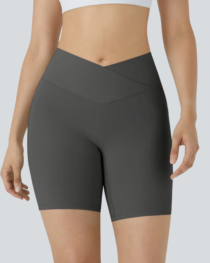 High-Waist Crossover Side Pockets Biker Shorts 7" for Women