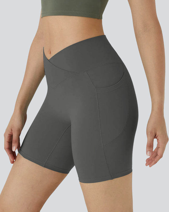 High-Waist Crossover Side Pockets Biker Shorts 7" for Women