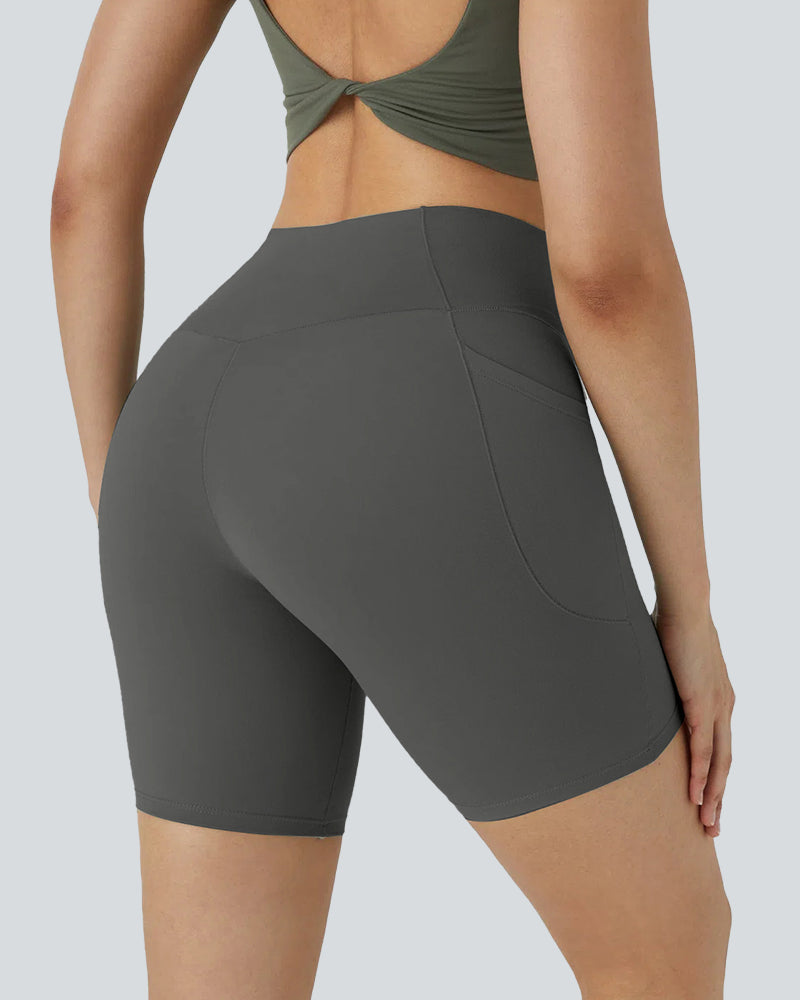 High-Waist Crossover Side Pockets Biker Shorts 7" for Women