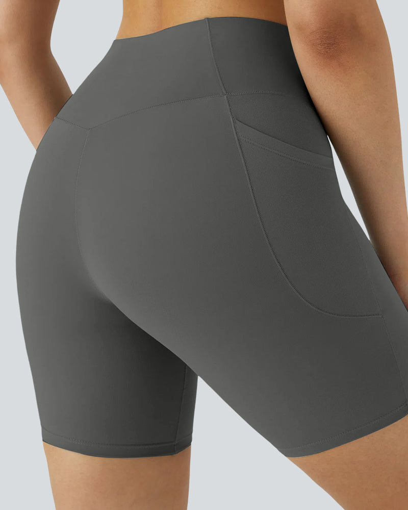 High-Waist Crossover Side Pockets Biker Shorts 7" for Women