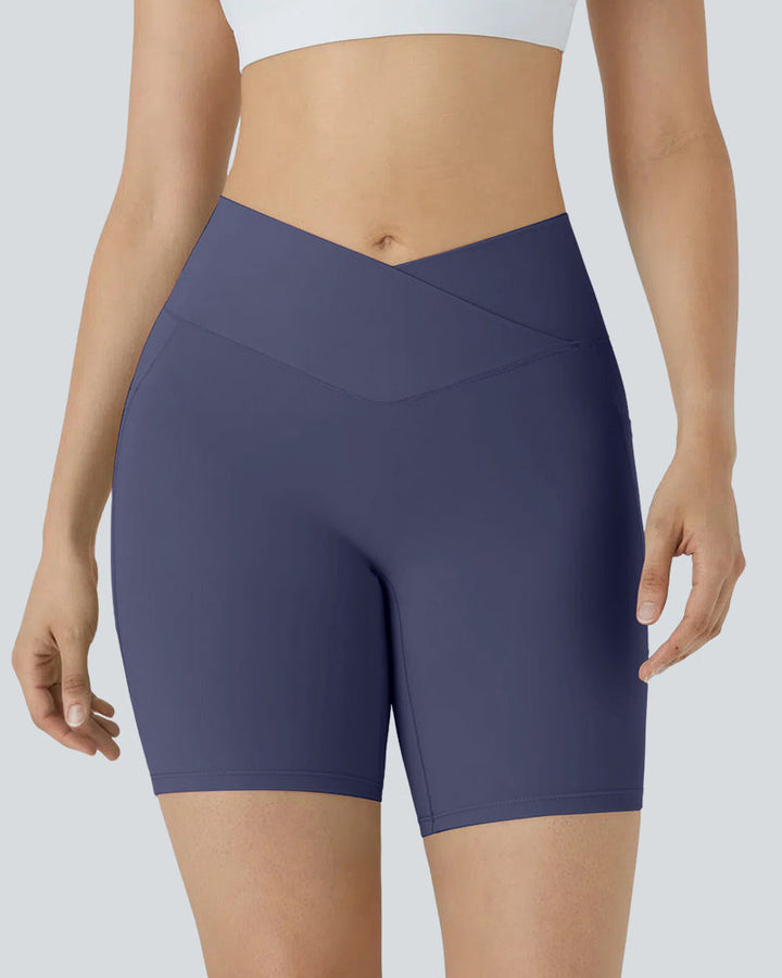 High-Waist Crossover Side Pockets Biker Shorts 7" for Women