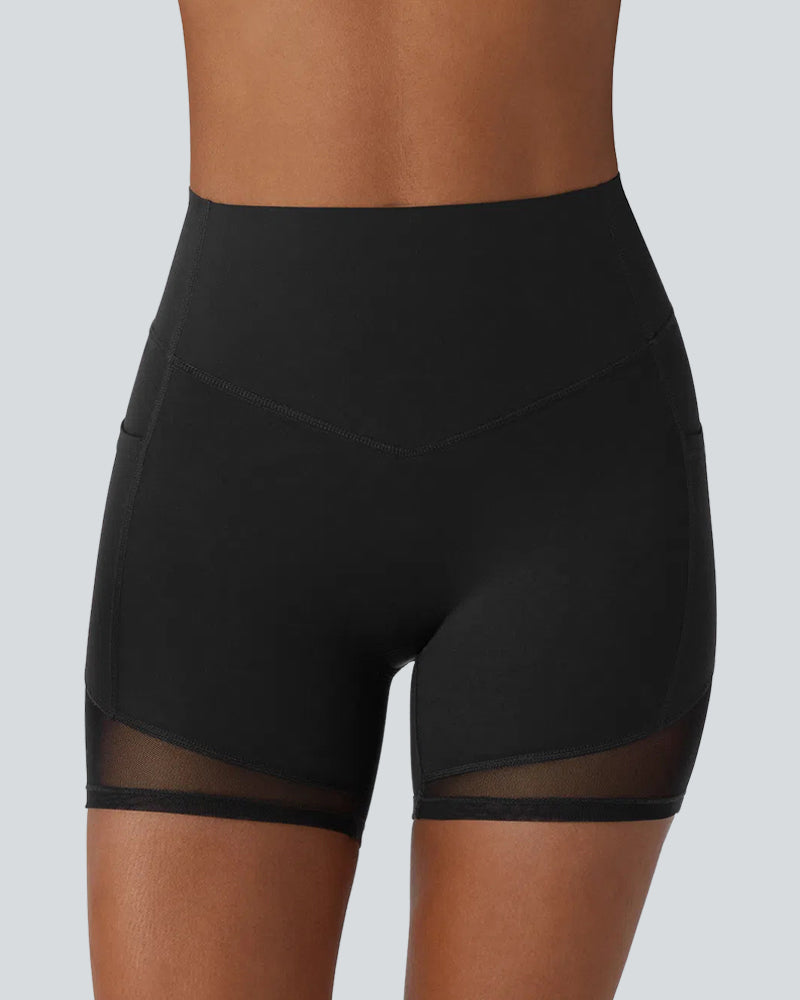 High-Waist Tummy Control Biker Shorts with Side Pockets & Contrast Mesh