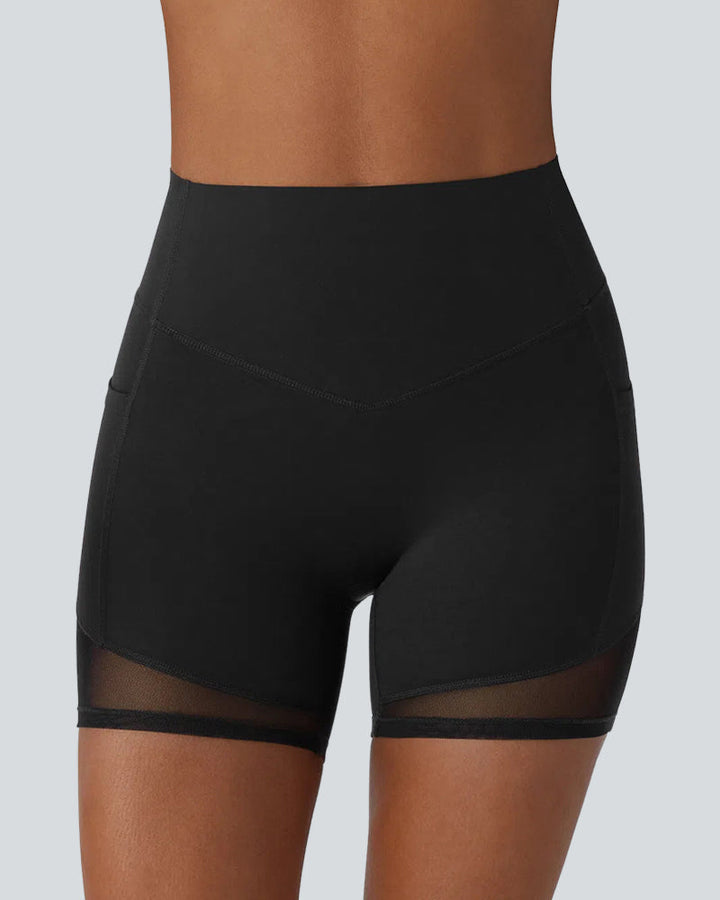 High-Waist Tummy Control Biker Shorts with Side Pockets & Contrast Mesh