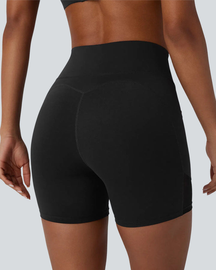 High-Waist Tummy Control Biker Shorts with Side Pockets & Contrast Mesh