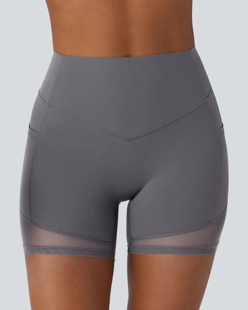 High-Waist Tummy Control Biker Shorts with Side Pockets & Contrast Mesh
