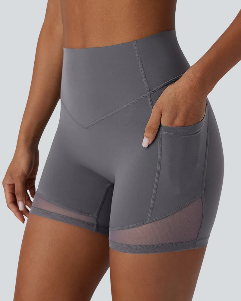 High-Waist Tummy Control Biker Shorts with Side Pockets & Contrast Mesh