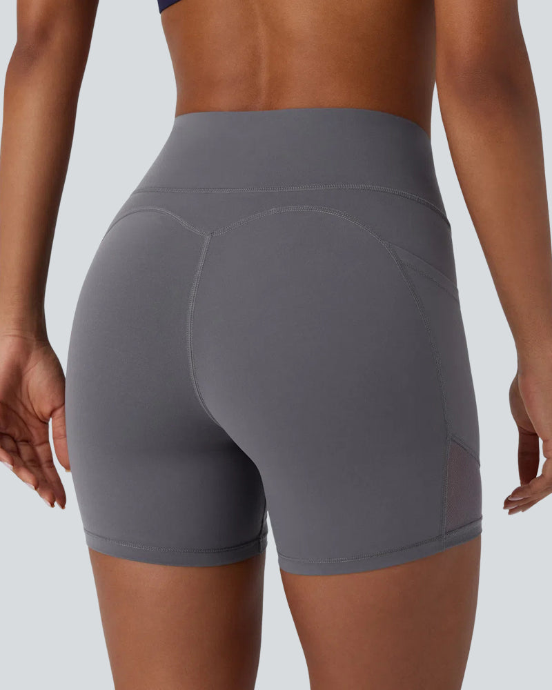 High-Waist Tummy Control Biker Shorts with Side Pockets & Contrast Mesh